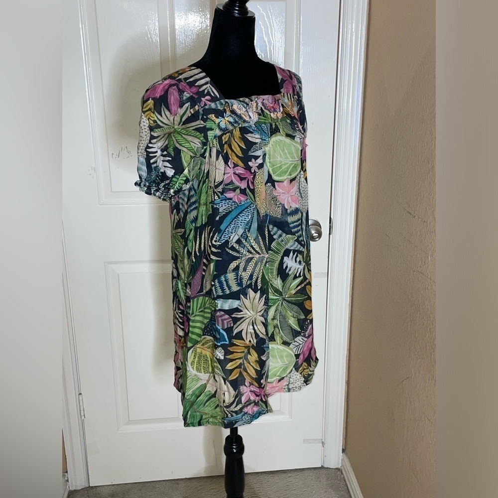 Johnny Was Workshop Tropical Puff Sleeve Tunic Dress in Green Multicolor XS‌‌‌‌‌ - Picture 9 of 12